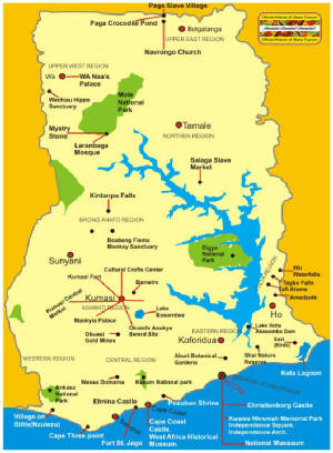 Map Of Ghana With Regions. Tourist Map Of Ghana